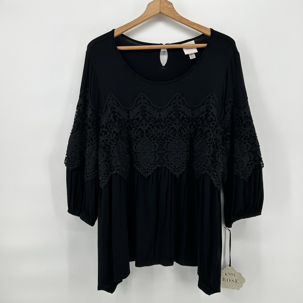 Knox Rose Top Womens XL Black Lace Blouse Boho‎ Peasant Flowy NWT